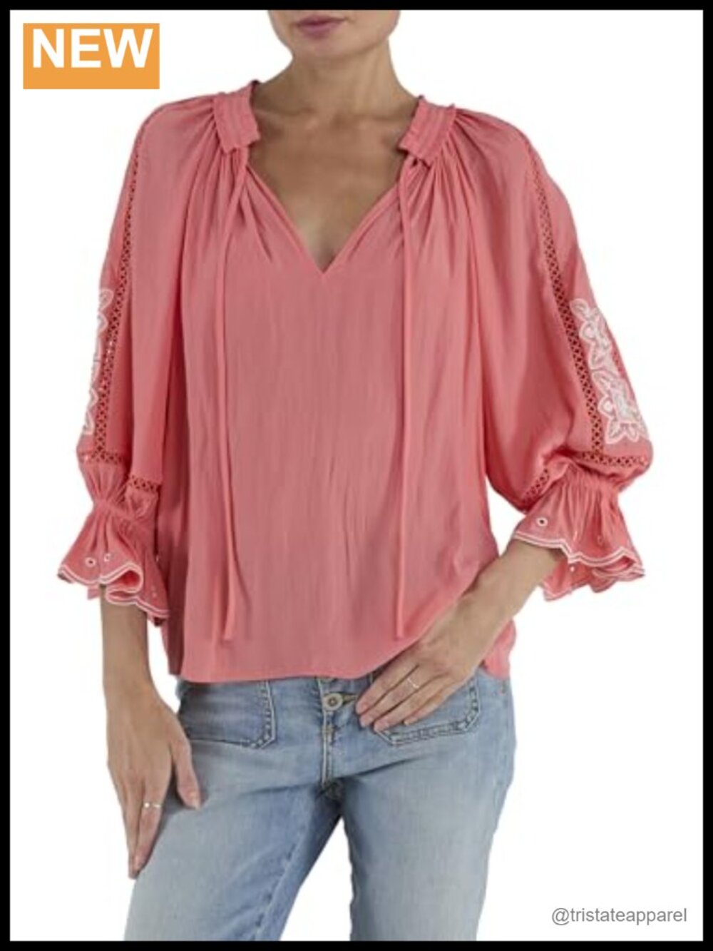 Embroidery V-Neck Top Puff Sleeve Blouse Satin